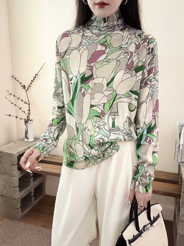 100%水溶羊毛印花薄款打底衫欧货高领套头上衣女2025秋季新款毛衣|undefined