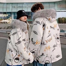 新款炸街棉服情侣装涂鸦大毛领连帽棉衣冬季学生外套