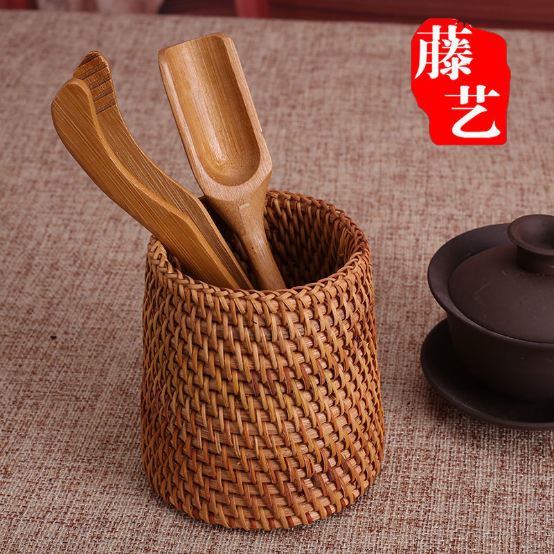 Ceremonia del té de ratán Juego de seis caballeros, portalápices, tubo de té, té, accesorios de juego de té de kung fu
