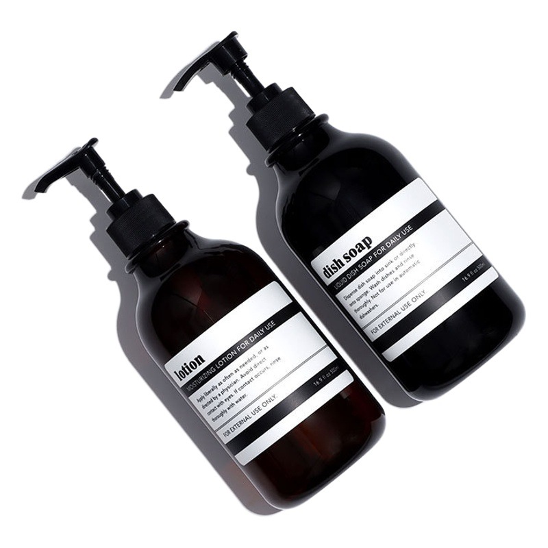 Botella de loción corporal de 300 ml en stock con hombros redondeados, botella dispensadora de plástico tipo pulsador para loción, botella de champú de PET de 500 ml.