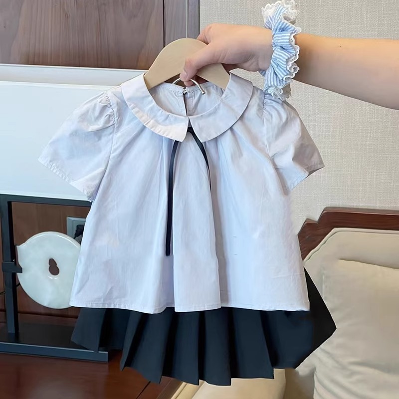 2025 Spring and Summer Girls College Style Pleated Skirt Set Summer Short Sleeve Shirt Two-Piece Set Fashionable 50076