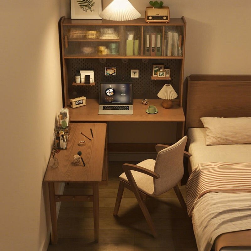 Solid Wood Corner Desk with Bookshelf Integrated into the Bedroom, Corner Bookcase Against the Wall, L-Shaped Rotating Folding Study Computer Desk