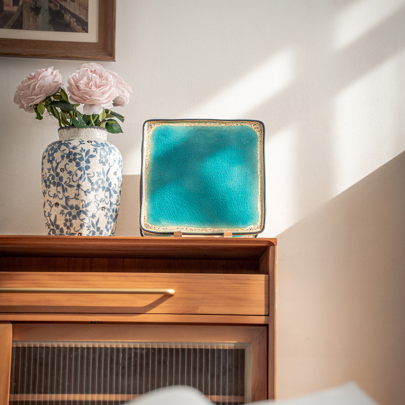 Plato azul marino de alto valor, plato cuadrado de cerámica, plato de platos caseros, plato de filete, exportación transfronteriza de cubiertos esmaltados por hielo