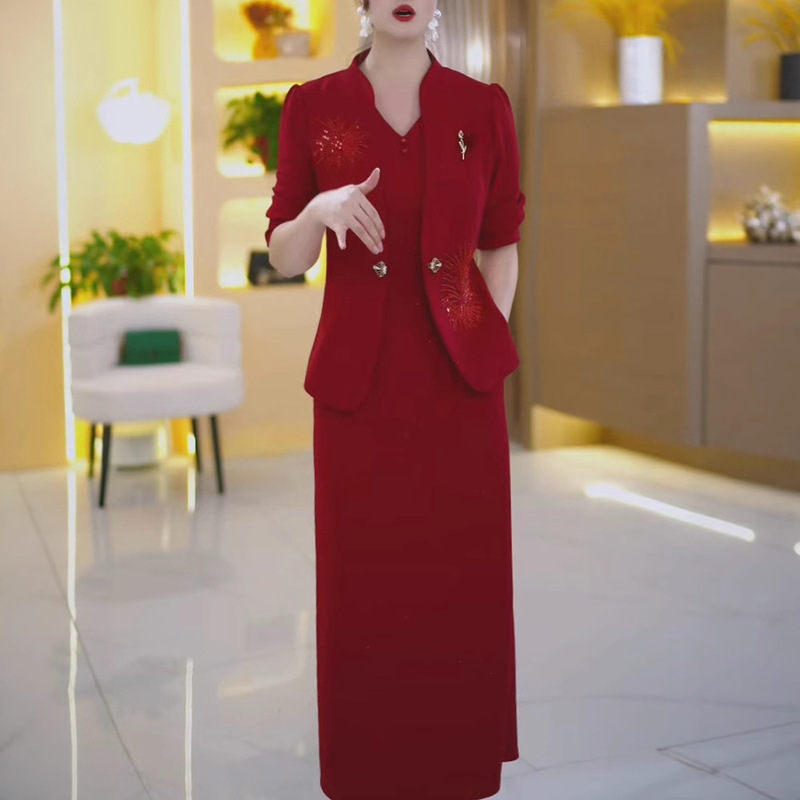 2025 Spring and Autumn New Mom Wedding Banquet Dress Vest Dress Suit Long Sleeve Small Suit Two-Piece Dress for Women