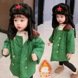 儿童军大衣男童冬季小孩东北军棉绿色女童宝宝加厚中长款棉衣外套