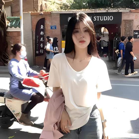 Korean Style Simple Fresh Loose U Collar Shoulder Solid Color Popular Casual Thin Lazy Style Short-sleeved T-shirt Women's Ins Trendy