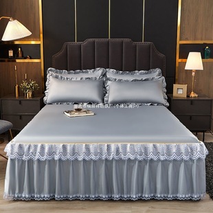 Ice Silk Mat Bed Skirt Three-Piece Set Summer Bed Sheets Bedspread Cover Single Piece Mat Machine Washable Dark Silver Gray Bentley Blue