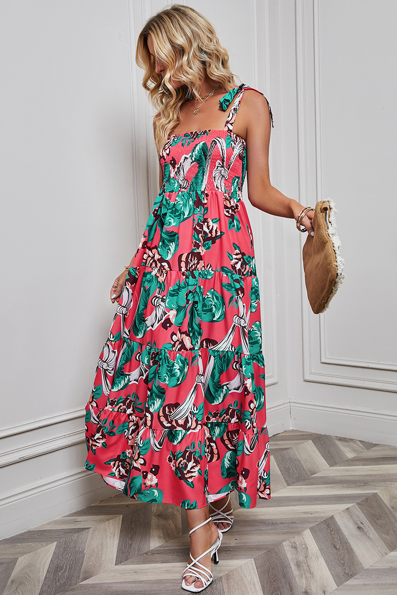Womenswear Fashion Print Sexy Dress Slip Deep V Sleeveless Backless Maxi Dress