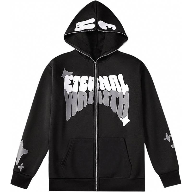 Gorglitter Men's Full-Zip Y2K Hooded Sweatshirt with Letter Print and Long Sleeves, Fashionable