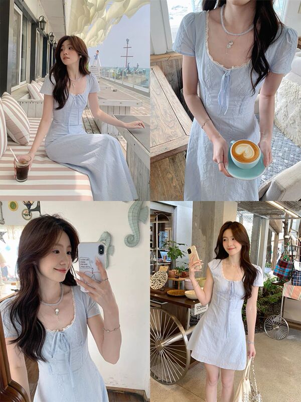 【Soft Blue Water】Korean-Style High-Intelligence Lace Patchwork Faux Two-Piece Elegant Waist-Cinching Dress 【Soft Blue Water】Korean-Style High-Intelligence Lace Patchwork Faux Two-Piece Elegant Waist-Cinching Dress