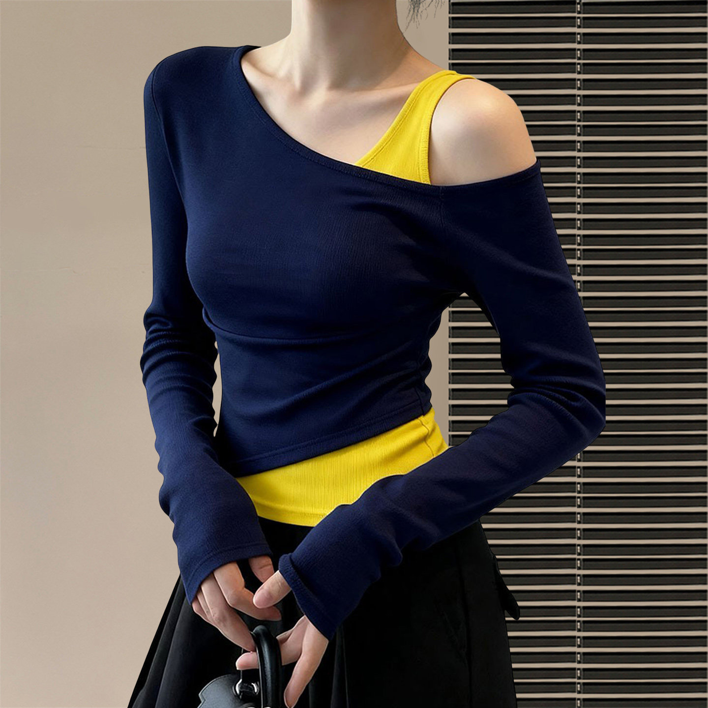 Rayon Ribbed Fabric】Asymmetrical Shoulder Fake Two-Piece Off-Shoulder Waist-Cinching Long-Sleeve T-Shirt for Women, Very Stylish and Elegant, Waist-Accentuating Top