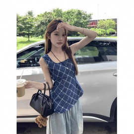 复古蓝色格子露腰吊带背心女夏季甜辣风漂亮别致收腰外穿无袖上衣