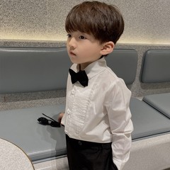 2023 Autumn and Winter New Fashionable Long-sleeved White Shirt for Boys in Korean Style with Fleece Collar, One Piece for Children's Clothing 