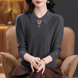 2025 Spring and Autumn Wear Thin Loose Western Style Mom Ice Silk Long Sleeve Doll Collar Sweater Top Women's Bottoming Shirt
