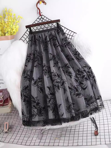 Leaves Embroidered Flower Half-length Skirt for Women - New Arrival Korean Style Fashion Pleated Net A-line Maxi Dress for Autumn and Winter