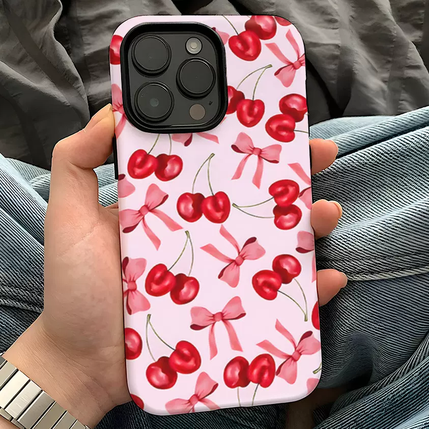 亚马逊爆款樱桃蝴蝶结手机壳iPhone16二合一菲林壳磨砂苹果17新款