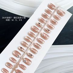 夏季短款甲片腮紅線條小貓美甲貼片高級感指甲貼30片手工預製甲片