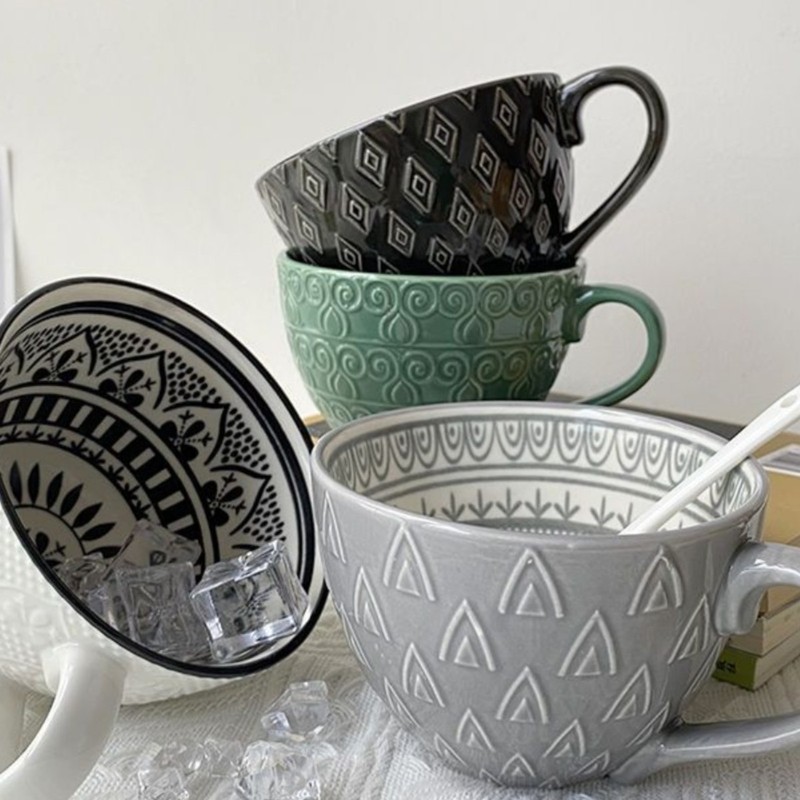 小清新北欧風陶磁器手描きカップオート麦牛乳コーヒーカップ模様彫刻カップ個性電子レンジ微瑕|undefined