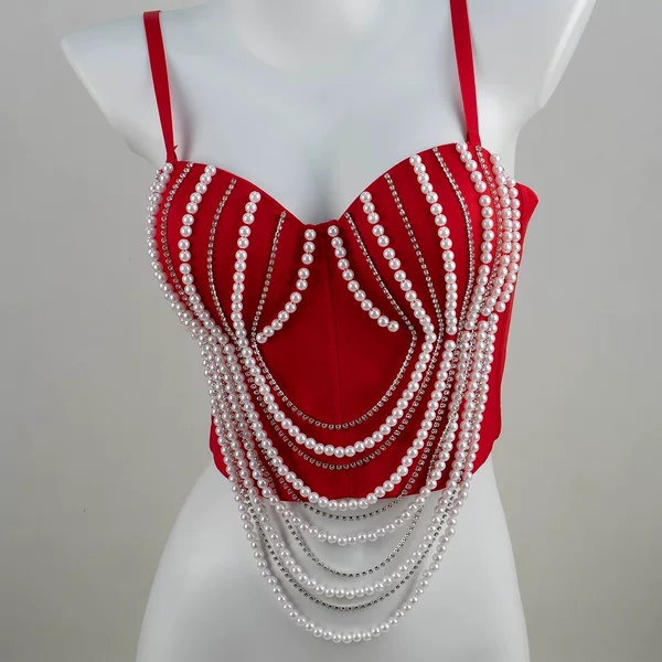 Pearl Chain Fishbone Outer Corset Top Bra Fishbone Tube Top Women's Outer Lace Intimates V-Neck
