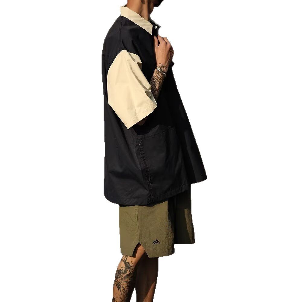 Verano japonés herramientas retro bolsillo polo collar suelto pareja de moda camisa de manga corta