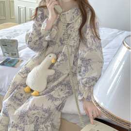 韩国ins女士春秋新品韩版元气少女花边连衣裙家居服睡裙长袖批发