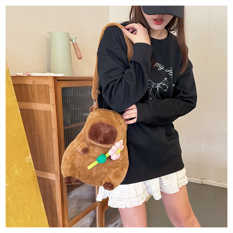 756g Weight Zipper Closure Type Single Shoulder Strap, Double Shoulder Straps Strap Type Shoulder Bag, Functional Backpack Bags Type Party, Street, Shopping Occasion Plush Material Women's Backpack Backpack Animal, Capybara Pattern All Seasons Season Unisex Gender Elegant, Streetwear Style Square Shape Animal Capybara Party Street Shopping Women's Backpack 无