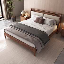 北美进口黑胡桃木双人床新中式全实木主卧大床现代简约卧室双人床