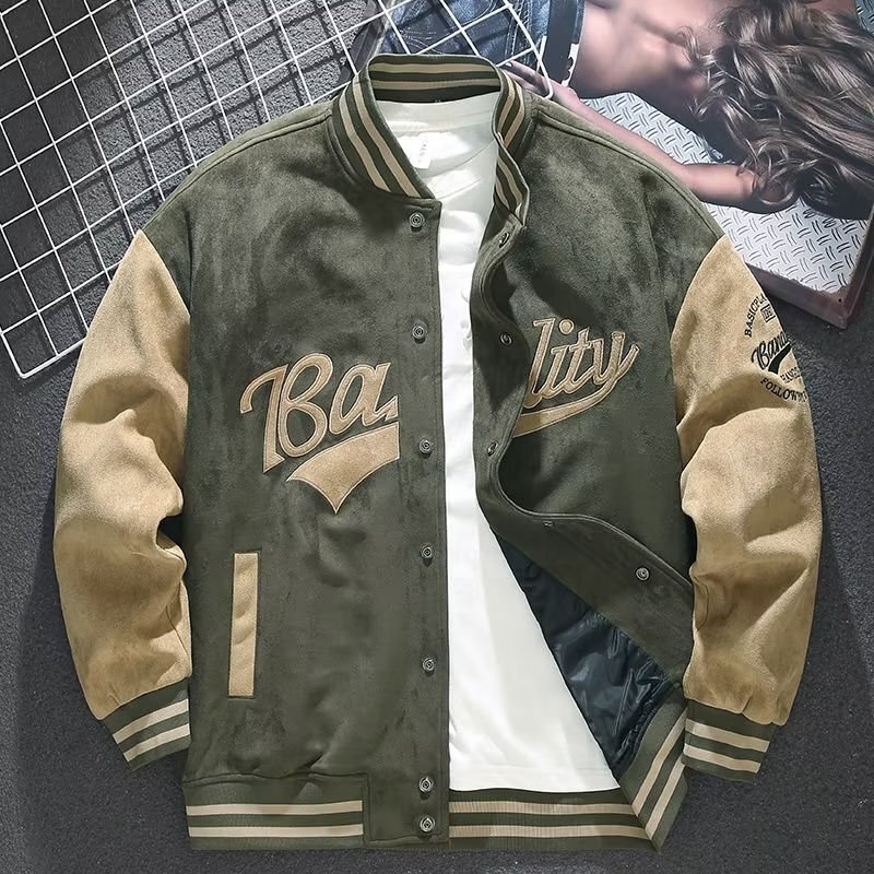 Towel Embroidered Suede Baseball Jacket for Men, Spring, Autumn and Winter American Retro Trendy Brand Embroidered High-End Bomber Jacket