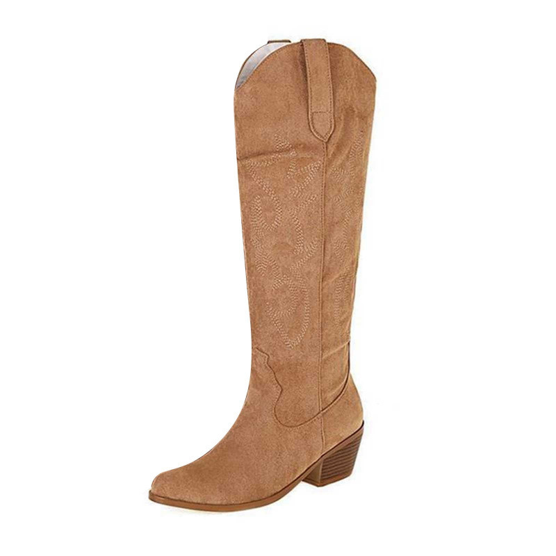 Women Embroidery Knee High Cowboy Boots Fashion Leather Wide Calf Cowgirl Boots Winter Autumn Tall Dress Shoes