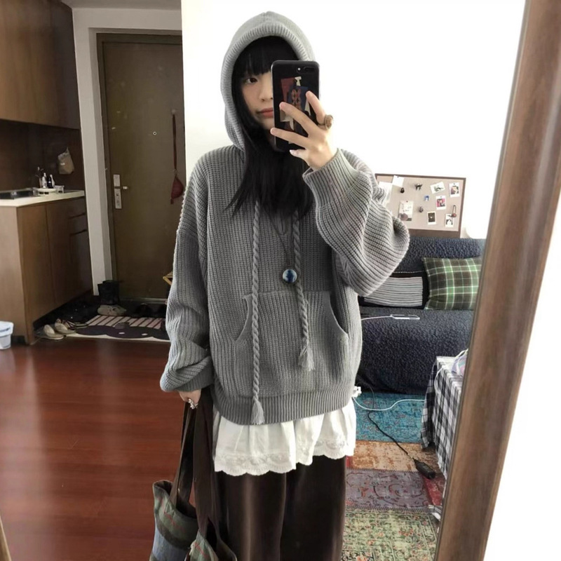 半拉链连帽毛衣女秋冬季新款宽松卫衣软糯针织帽衫外套慵懒风上衣|undefined