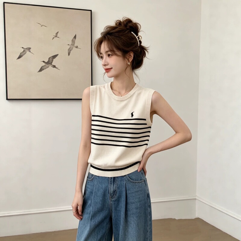 Contrast Color Striped Embroidered Loose Sleeveless Knit Tank Top Summer New Korean Style Versatile Round Neck Top Contrast Color Striped Embroidered Loose Sleeveless Knit Tank Top Summer New Korean Style Versatile Round Neck Top
