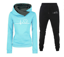 新款春秋冬休闲运动服套装心跳频率印花女同款连帽衫卫衣套装潮衣