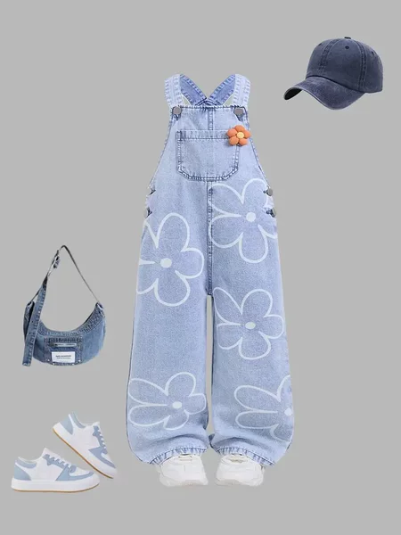 Amazon Aliexpress Quality Youth Girls Printed Decorative Wide-Leg Denim Overalls Floral Korean Style Summer