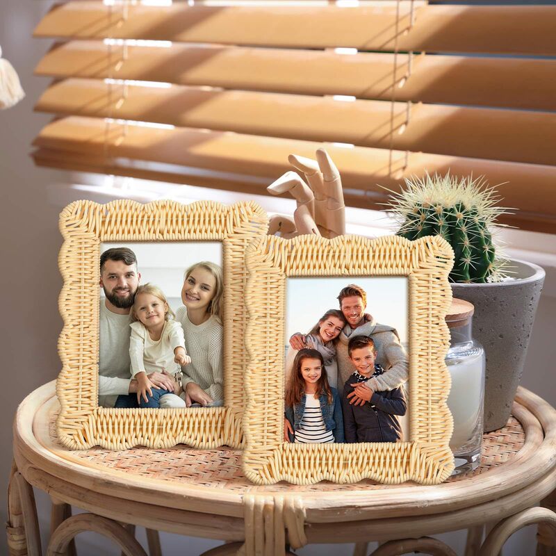 Customized Rattan Photo Frame, Simple Desktop Decoration, Living Room Wall Hanging Picture Frame, Imitation Rattan Hand-Woven Home Decoration Photo Frame