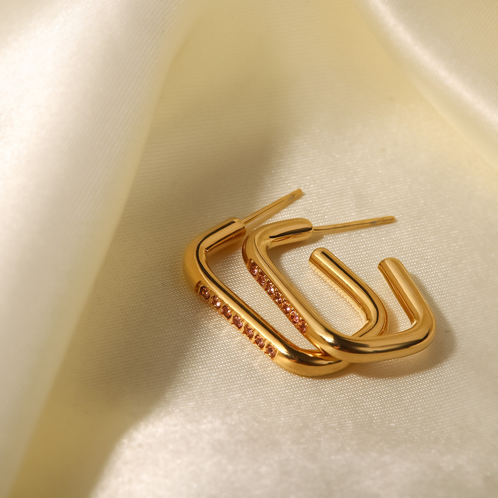 Fashion U Shape Stainless Steel Inlay Zircon Hoop Earrings 1 Pair