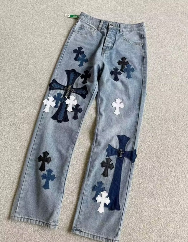 正确版CH克罗伈十字架皮标水洗牛仔裤情侣街头宽松春秋男女长裤款|undefined