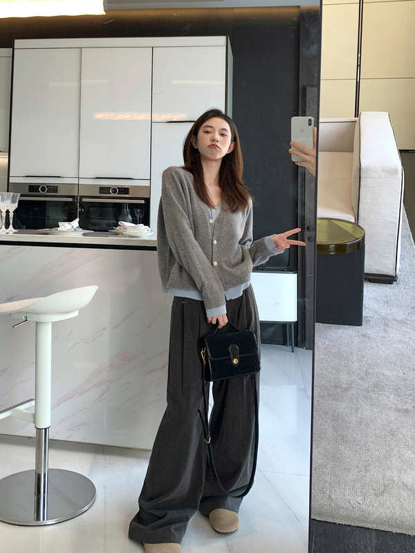 LEETWINS 假两件v领灰色针织开衫外套秋季新款设计感撞色羊毛上衣|undefined