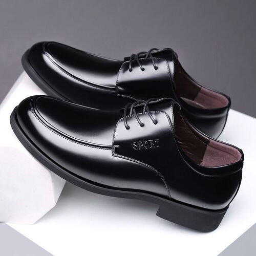 Soft genuine leather and green leather shoes with insole height, breathable business formal lace-up black men's shoes, soft sole, round head, single shoes