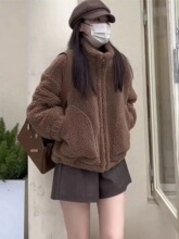 羊羔毛外套女2024秋冬季短款韩版上衣长袖仿羊羔绒立领小个子外套