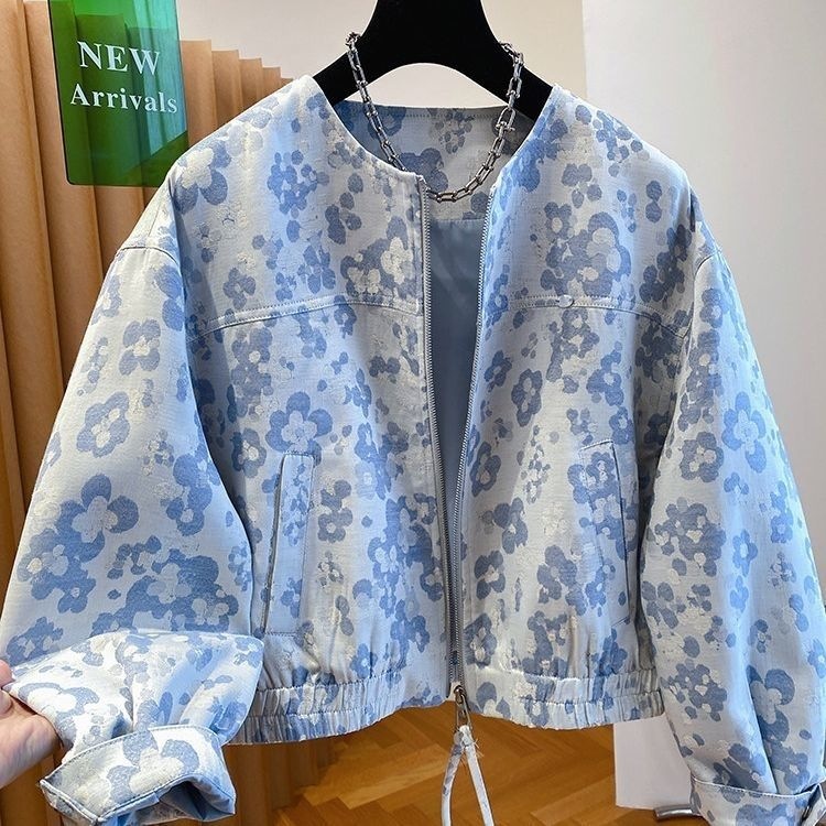 2026网红新款高级感蓝色碎花外套女短款小个子春装宽松气质夹克潮