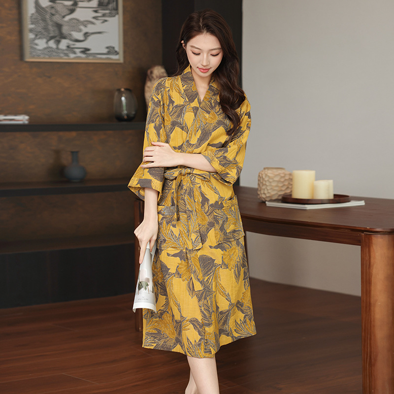 Spring and Summer Thin Cotton Double-Layer Gauze Bathrobe Couple's Nightgown Pajamas Women's Home Wear Pajamas Absorbent Quick-Drying Bathrobe
