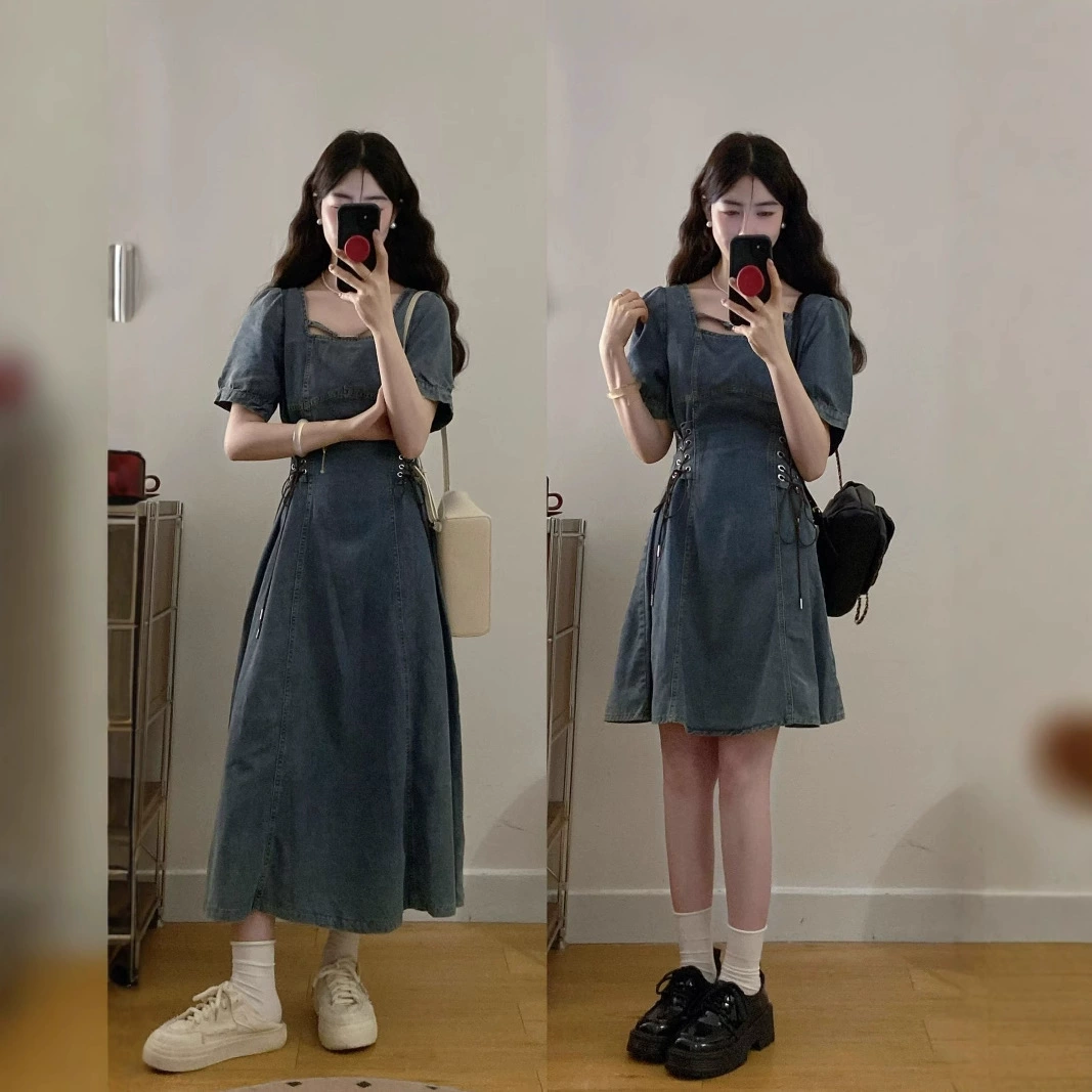 Большой размер женщины французский темперамент джинсовое платье женский 2024 новый стиль талия маленький человек с рукавами пузырьков короткий