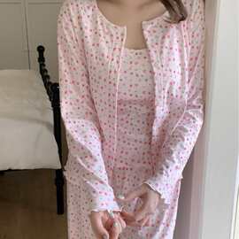 韩国ins女士秋冬新品韩版暖绒小草莓三件套带胸垫家居服睡衣套装