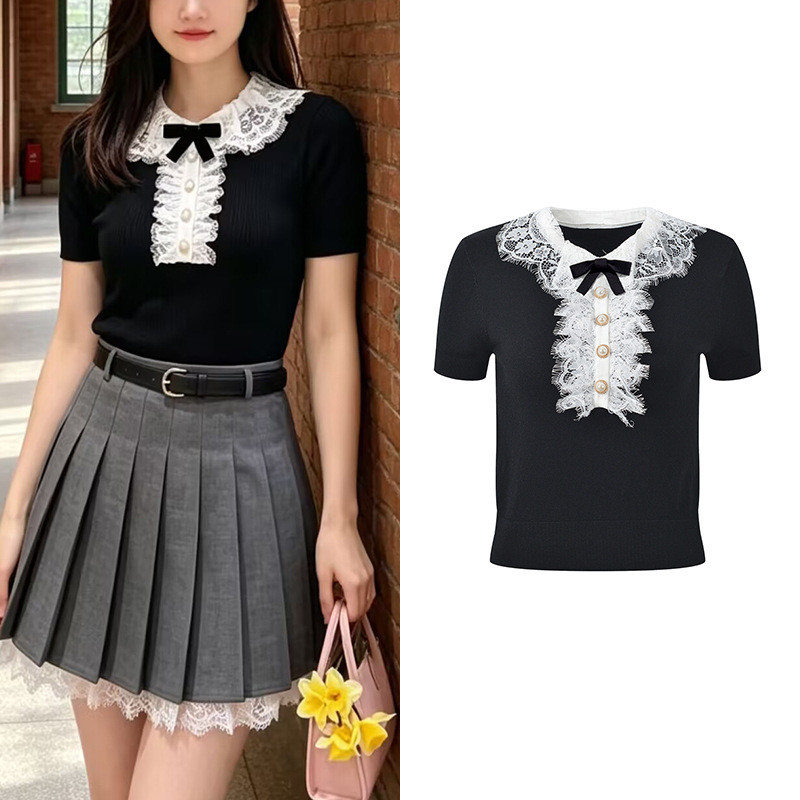 2026 Summer New French Style Small Fragrant Bow Lace Slim Fit Short Knit T-Shirt Top 2026 Summer New French Style Small Fragrant Bow Lace Slim Fit Short Knit T-Shirt Top