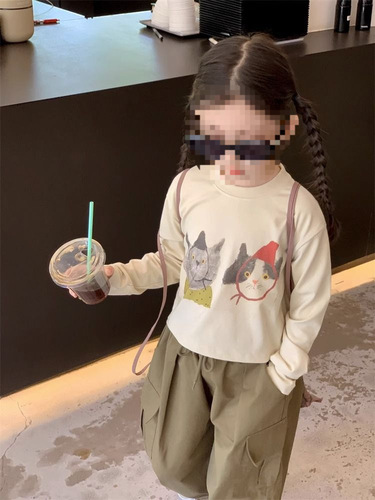 韩版卡通短款T恤可爱女童秋季印花上衣儿童长袖打底衫0075A013