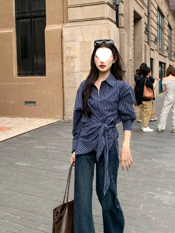 设计感不规则绑带开叉条纹衬衫女春季新款时尚气质高级感长袖衬衣|undefined