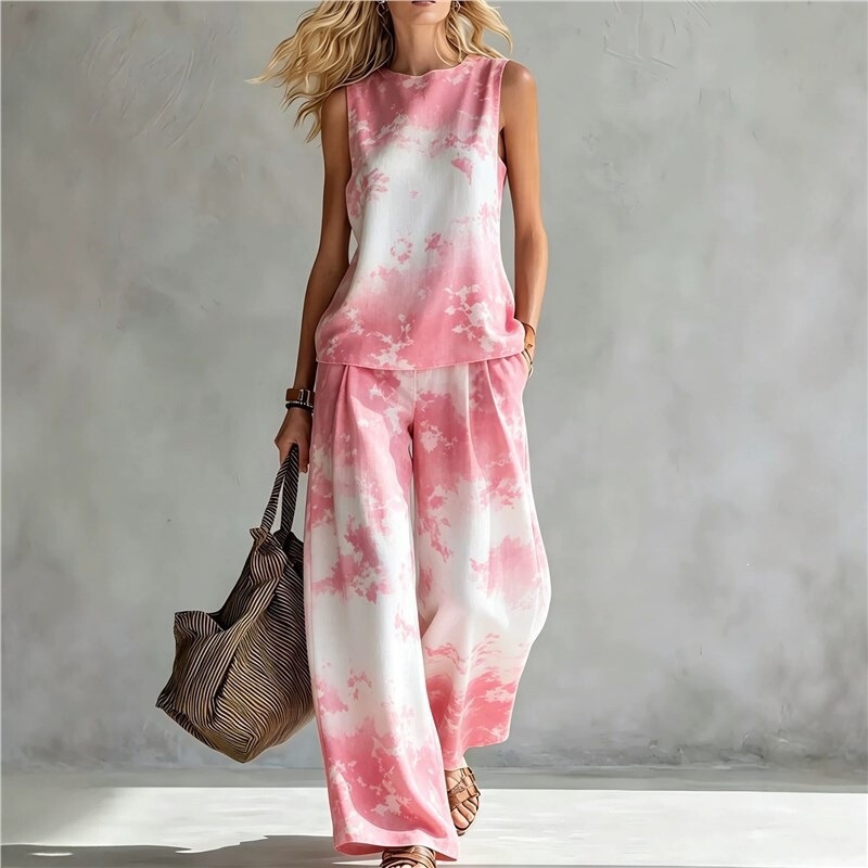 Cross-Border European and American Summer New Style Rainbow Tie-Dye Sleeveless Round-Neck Top and Wide-Leg Pants Two-Piece Women's Casual Set Cross-Border European and American Summer New Style Rainbow Tie-Dye Sleeveless Round-Neck Top and Wide-Leg Pants Two-Piece Women's Casual Set