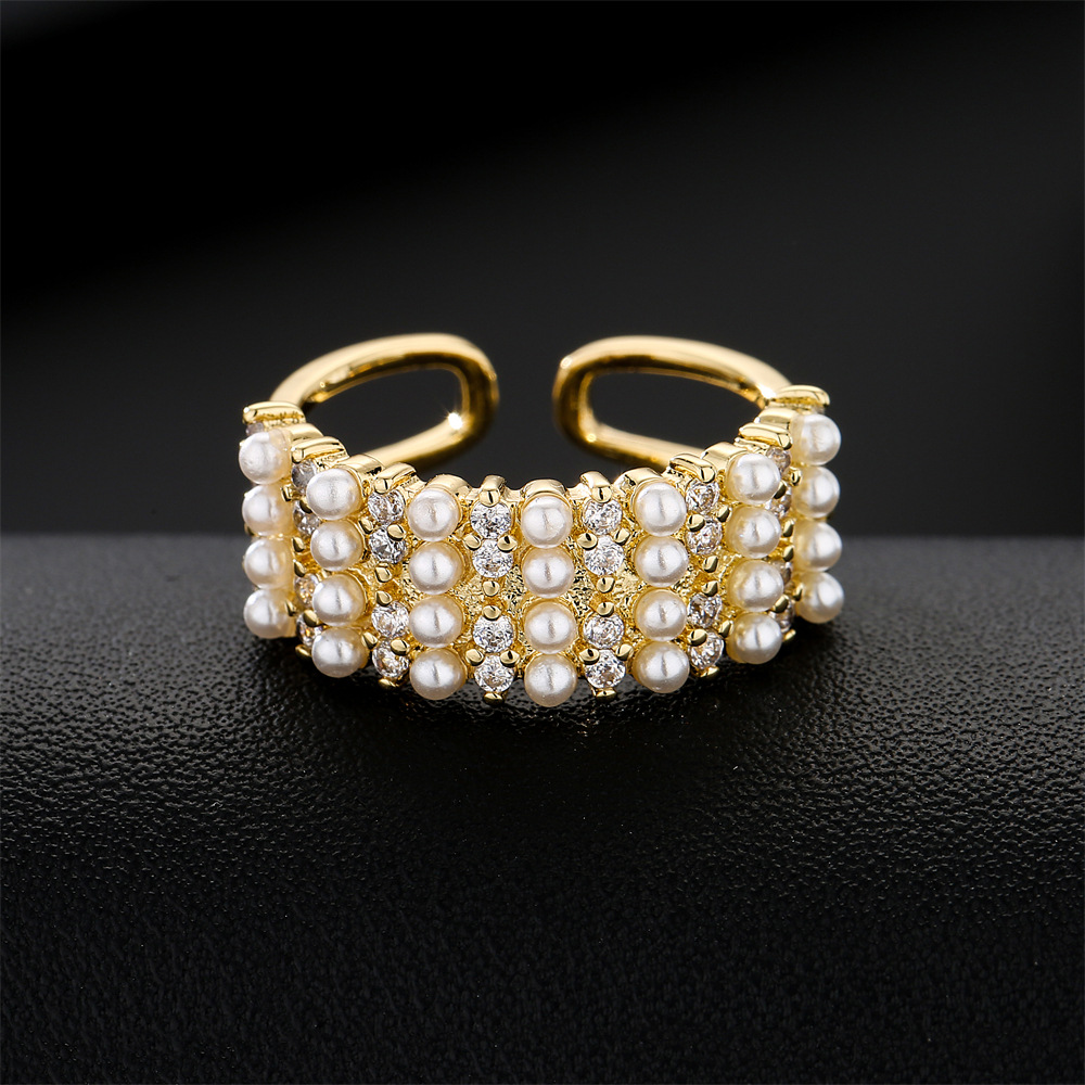 Copper Plated 18k Gold 4 Rows Millet Pearl Opening Design Adjustable Ring display picture 2