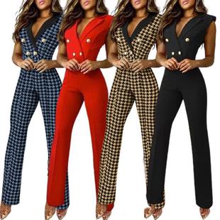 2024 European and American Spring and Summer Women's Clothing Amazon Color-Blocked Twist-Button V Neck Sleeveless Houndstooth Jumpsuit Professional Wear for Women