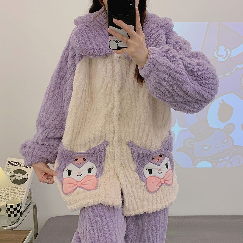 Otoño y invierno pesado abrigo pijama de mujer manga larga pantalones largos sueltos coral terciopelo dibujos animados ropa de casa damas terciopelo conjunto